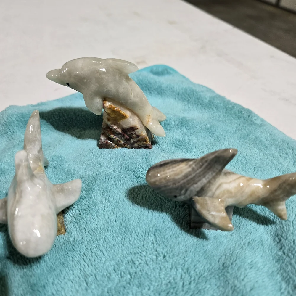 Grey and White Marble Carved Shark And Dolphins.